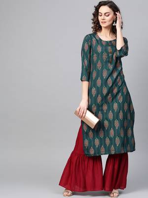 Women Green Straight Rayon Mirror Embroidery Mandarin Collar Long Kurta 3
