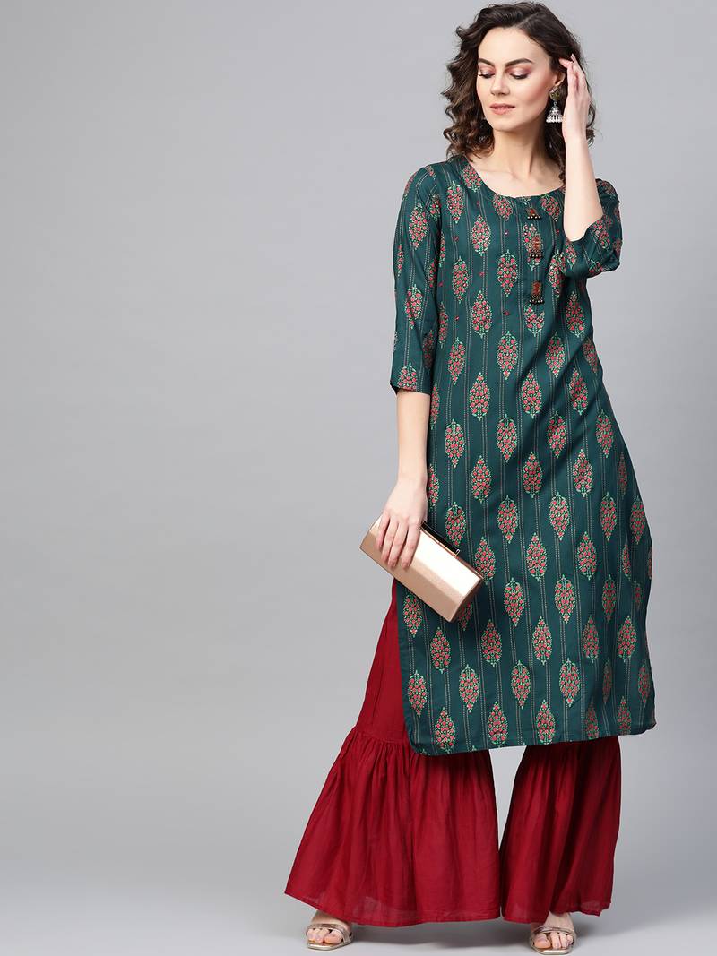 Women Green Straight Rayon Mirror Embroidery Mandarin Collar Long Kurta