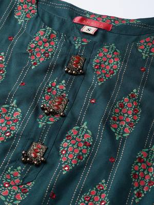 Women Green Straight Rayon Mirror Embroidery Mandarin Collar Long Kurta 4