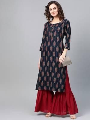 Women Navy Blue Straight Rayon Mirror Embroidery Mandarin Collar Long Kurta 1
