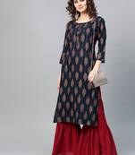 Women Navy Blue Straight Rayon Mirror Embroidery Mandarin Collar Long Kurta