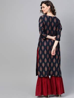 Women Navy Blue Straight Rayon Mirror Embroidery Mandarin Collar Long Kurta 2