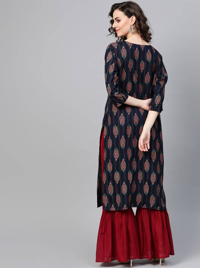 Women Navy Blue Straight Rayon Mirror Embroidery Mandarin Collar Long Kurta