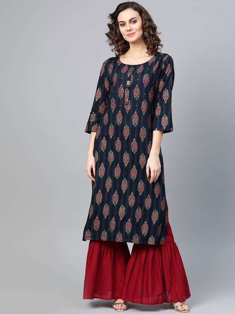 Women Navy Blue Straight Rayon Mirror Embroidery Mandarin Collar Long Kurta