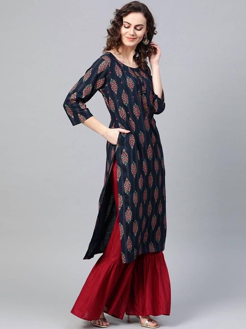 Women Navy Blue Straight Rayon Mirror Embroidery Mandarin Collar Long Kurta