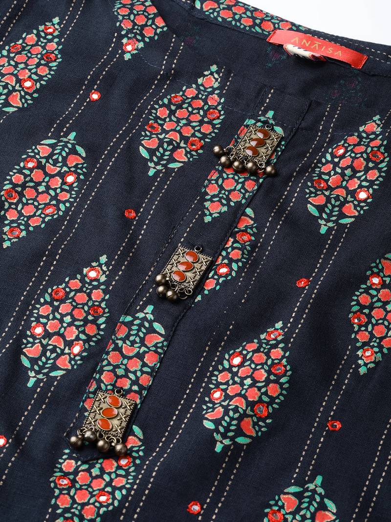 Women Navy Blue Straight Rayon Mirror Embroidery Mandarin Collar Long Kurta