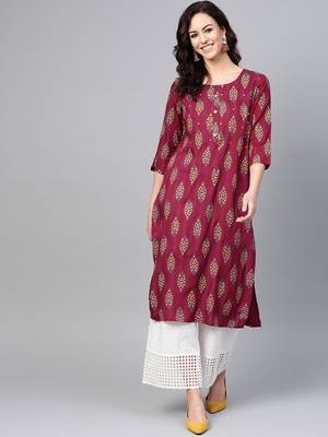 Women Maroon Straight Rayon Mirror Embroidery Mandarin Collar Long Kurta 1