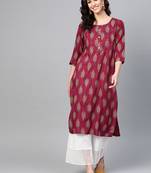 Women Maroon Straight Rayon Mirror Embroidery Mandarin Collar Long Kurta