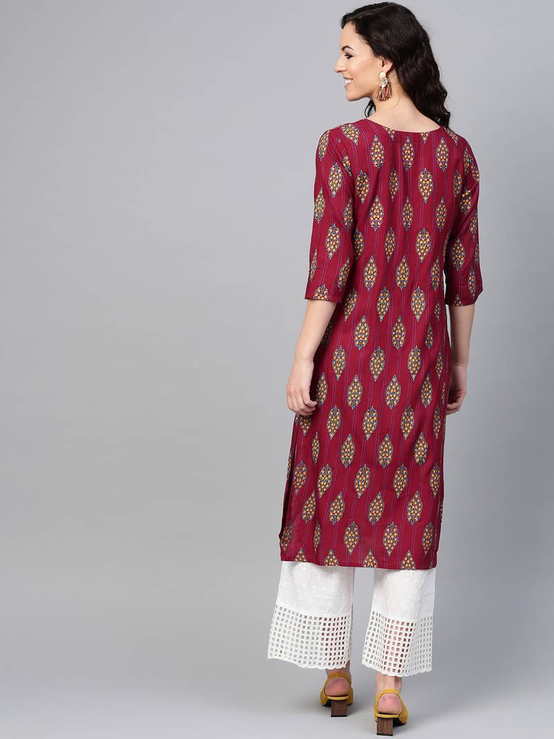Women Maroon Straight Rayon Mirror Embroidery Mandarin Collar Long Kurta