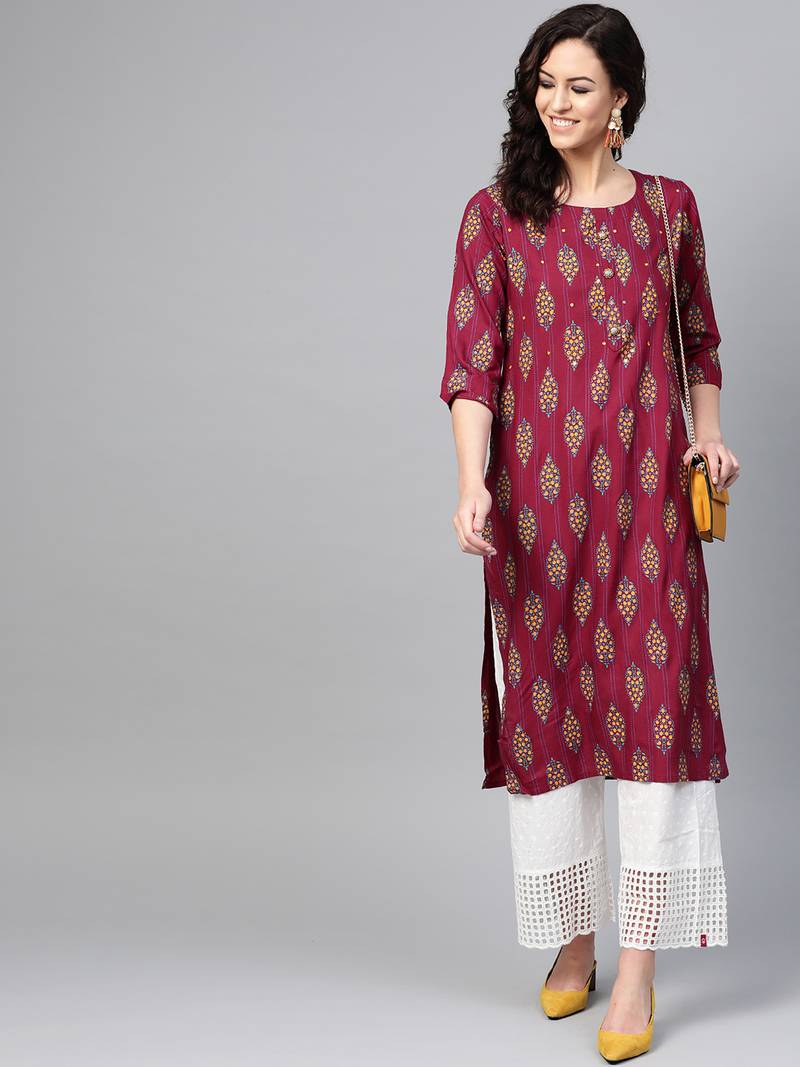 Women Maroon Straight Rayon Mirror Embroidery Mandarin Collar Long Kurta