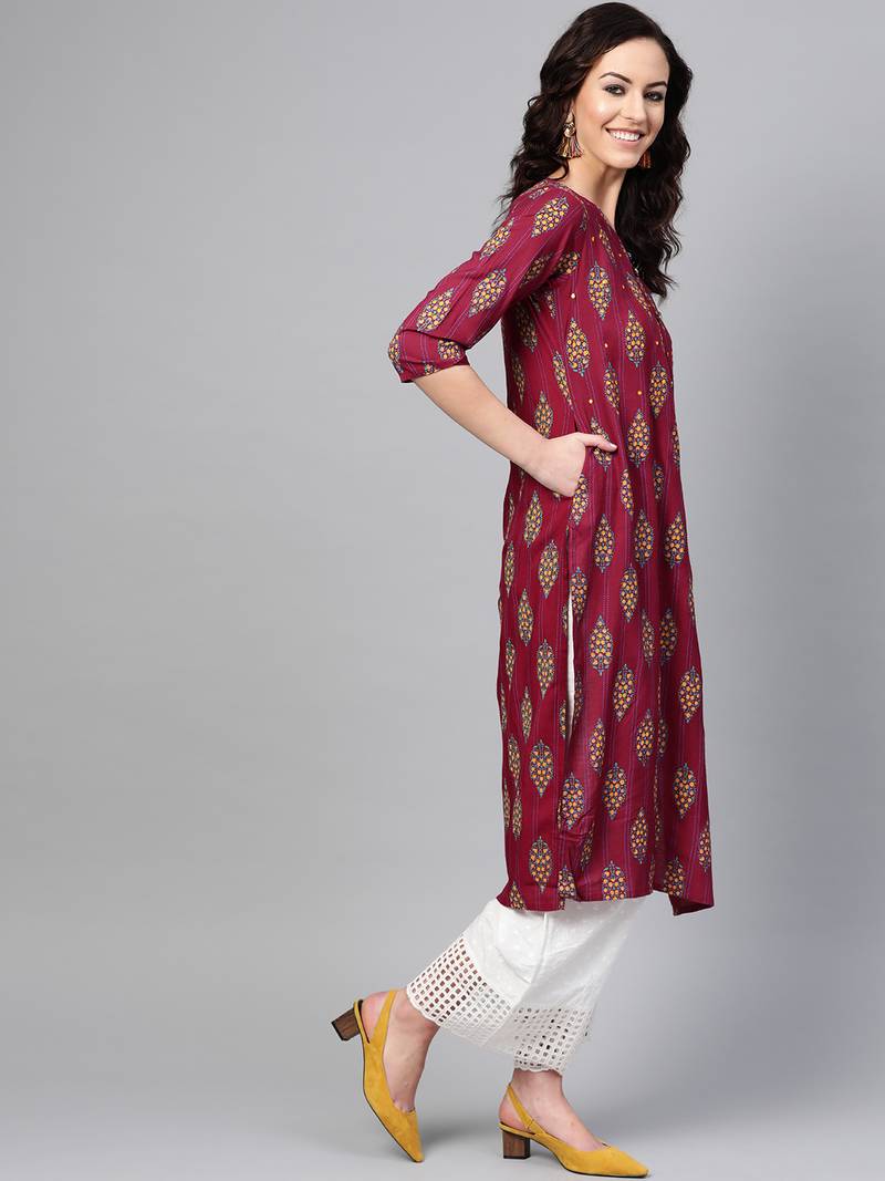Women Maroon Straight Rayon Mirror Embroidery Mandarin Collar Long Kurta