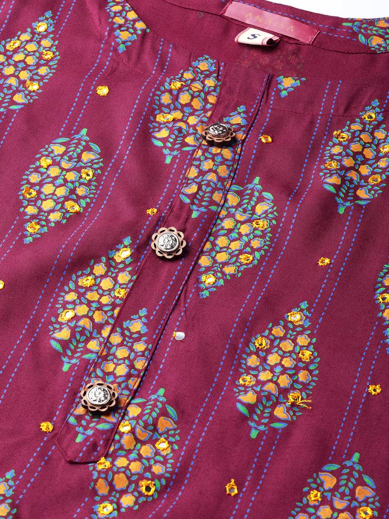 Women Maroon Straight Rayon Mirror Embroidery Mandarin Collar Long Kurta