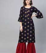 Women Black Straight Rayon Slub Mirror Embroidery Round Neck Long Kurta