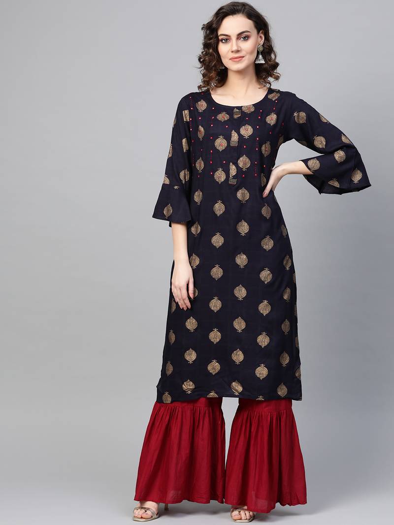 Women Black Straight Rayon Slub Mirror Embroidery Round Neck Long Kurta