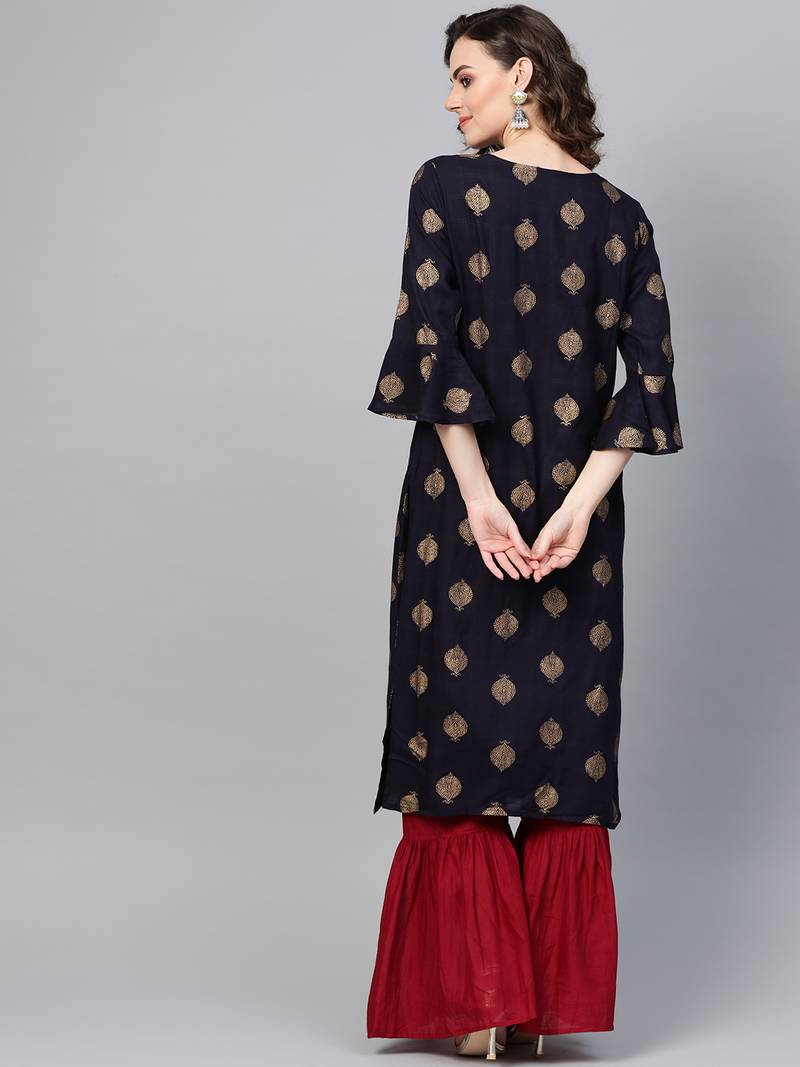 Women Black Straight Rayon Slub Mirror Embroidery Round Neck Long Kurta