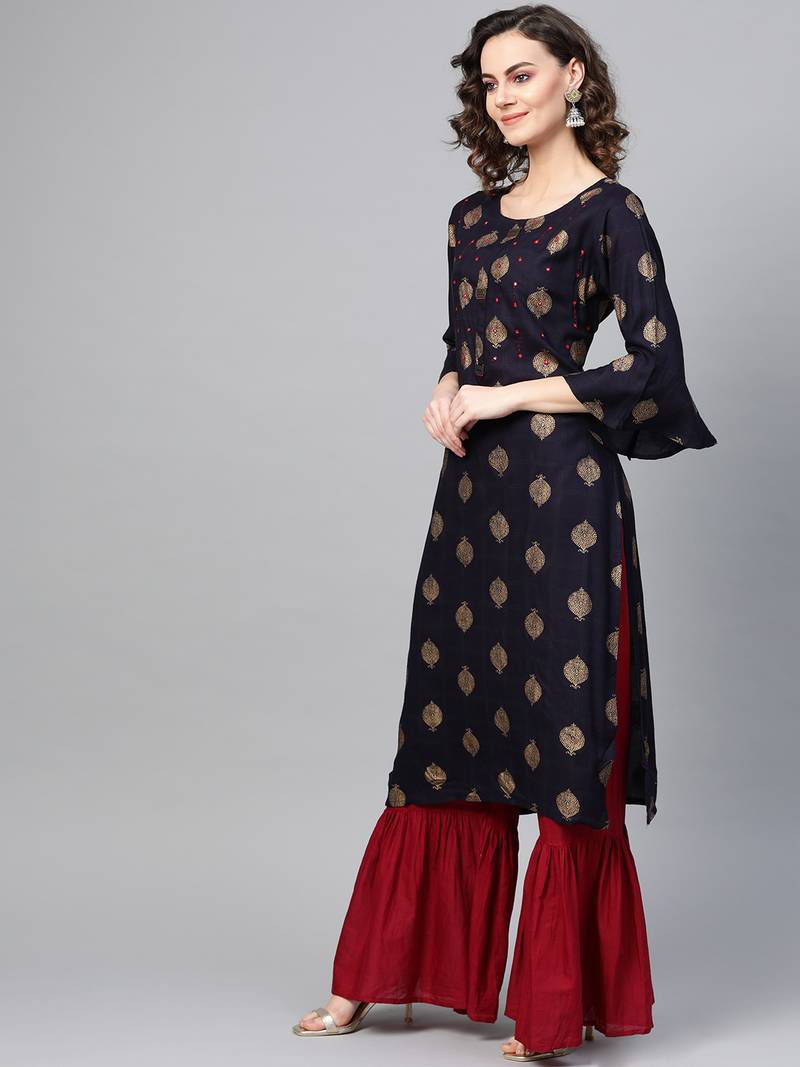 Women Black Straight Rayon Slub Mirror Embroidery Round Neck Long Kurta