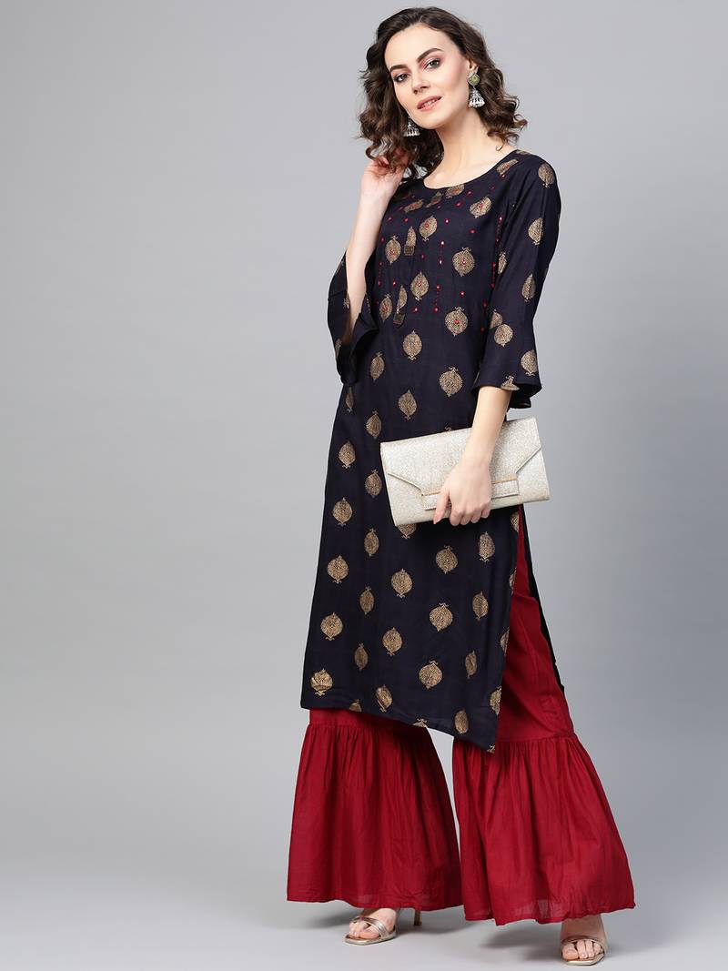 Women Black Straight Rayon Slub Mirror Embroidery Round Neck Long Kurta