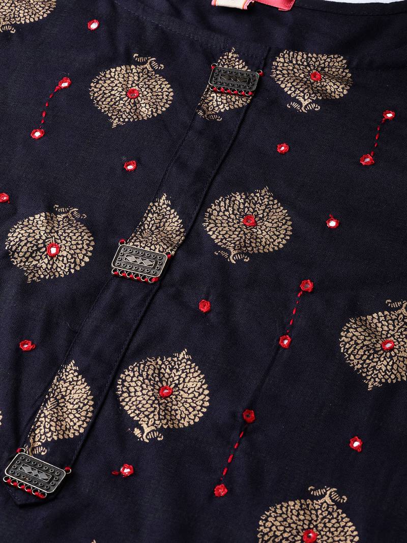 Women Black Straight Rayon Slub Mirror Embroidery Round Neck Long Kurta