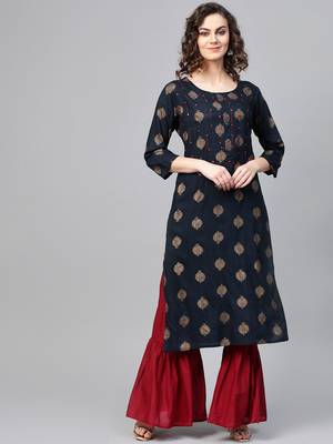 Women Navy Blue Straight Rayon Slub Mirror Embroidery Round Neck Long Kurta 1
