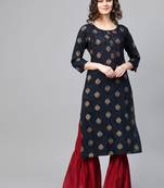Women Navy Blue Straight Rayon Slub Mirror Embroidery Round Neck Long Kurta
