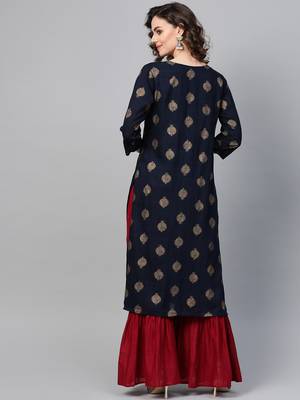 Women Navy Blue Straight Rayon Slub Mirror Embroidery Round Neck Long Kurta 2