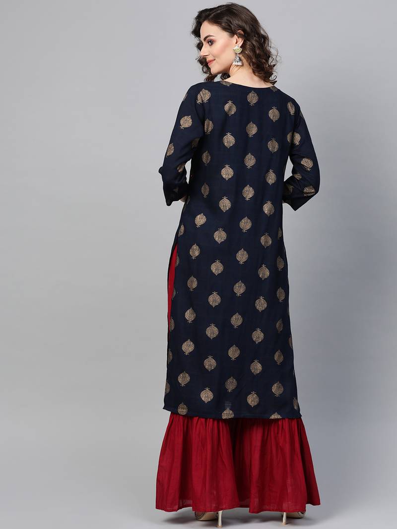 Women Navy Blue Straight Rayon Slub Mirror Embroidery Round Neck Long Kurta