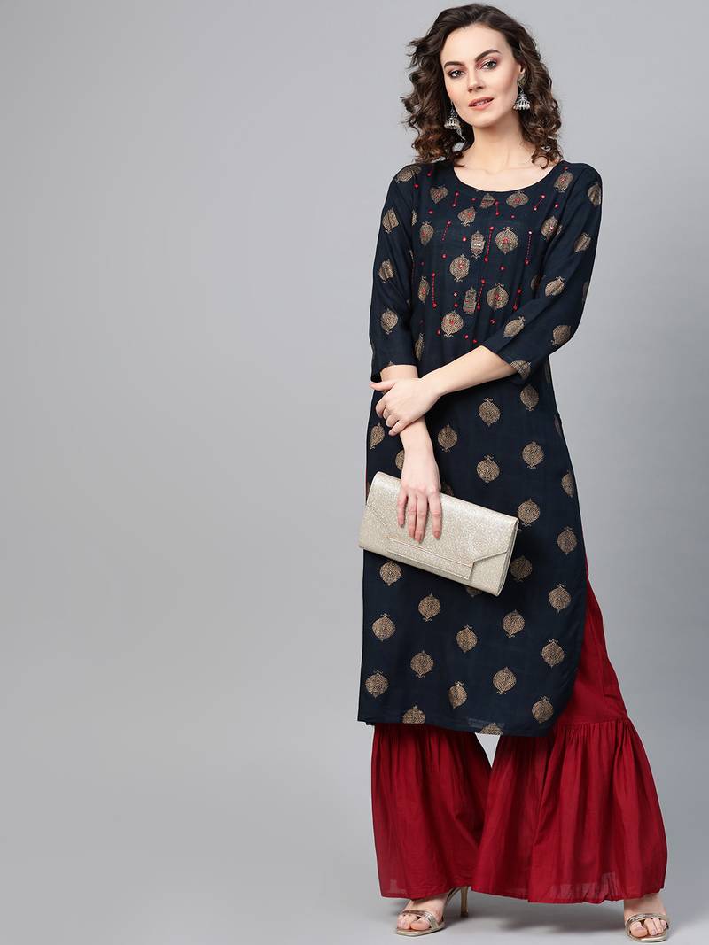 Women Navy Blue Straight Rayon Slub Mirror Embroidery Round Neck Long Kurta