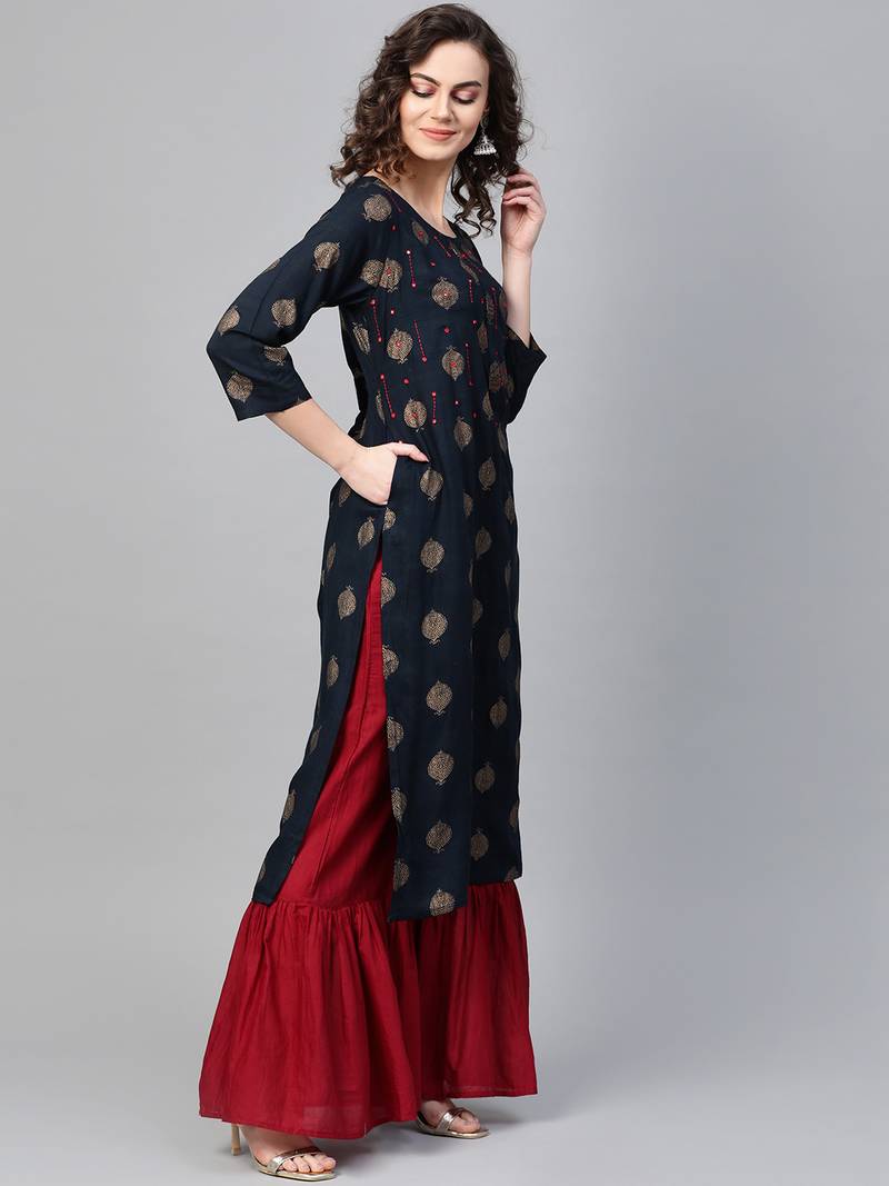 Women Navy Blue Straight Rayon Slub Mirror Embroidery Round Neck Long Kurta