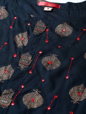 Women Navy Blue Straight Rayon Slub Mirror Embroidery Round Neck Long Kurta 5
