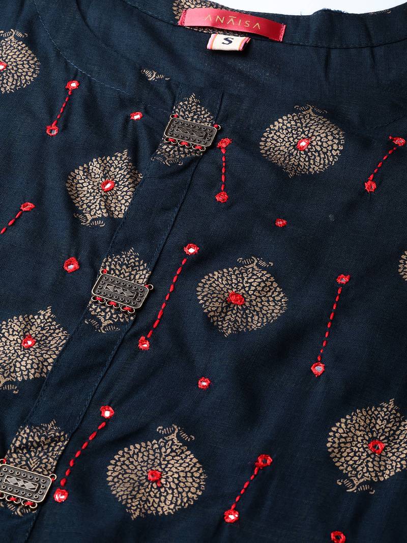 Women Navy Blue Straight Rayon Slub Mirror Embroidery Round Neck Long Kurta