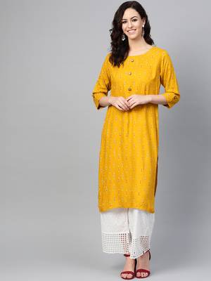 Women Mustard Straight Rayon Sequins Embroidery Round Neck Long Kurta 1