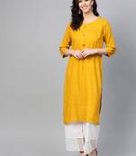 Women Mustard Straight Rayon Sequins Embroidery Round Neck Long Kurta