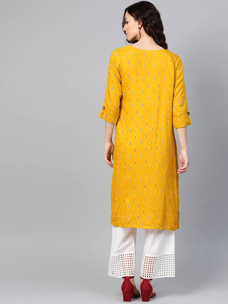 Women Mustard Straight Rayon Sequins Embroidery Round Neck Long Kurta