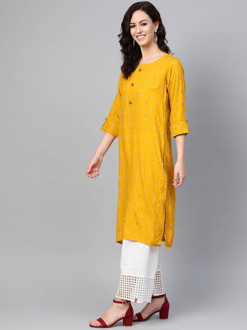 Women Mustard Straight Rayon Sequins Embroidery Round Neck Long Kurta