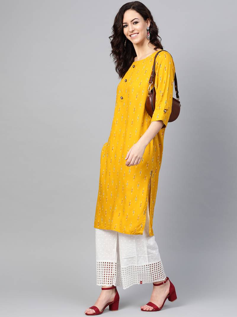 Women Mustard Straight Rayon Sequins Embroidery Round Neck Long Kurta