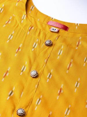 Women Mustard Straight Rayon Sequins Embroidery Round Neck Long Kurta 5