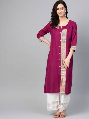 Women Purple Straight Rayon Print Mandarin Collar Long Kurta 1
