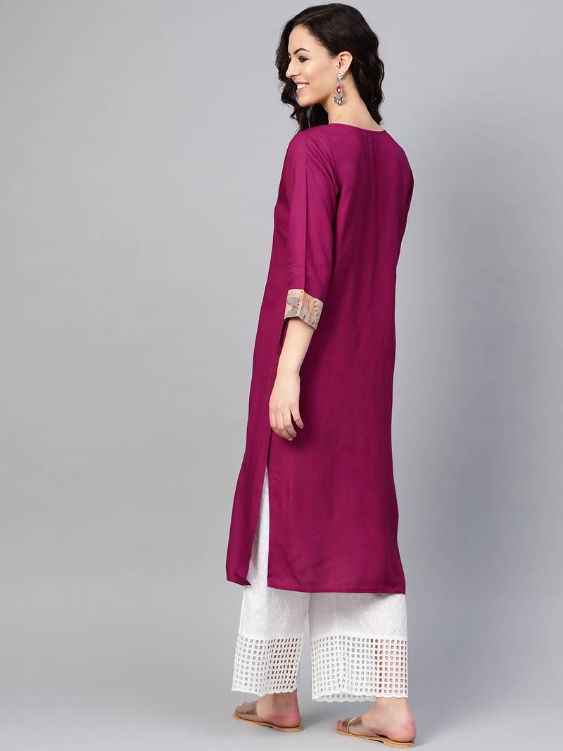 Women Purple Straight Rayon Print Mandarin Collar Long Kurta