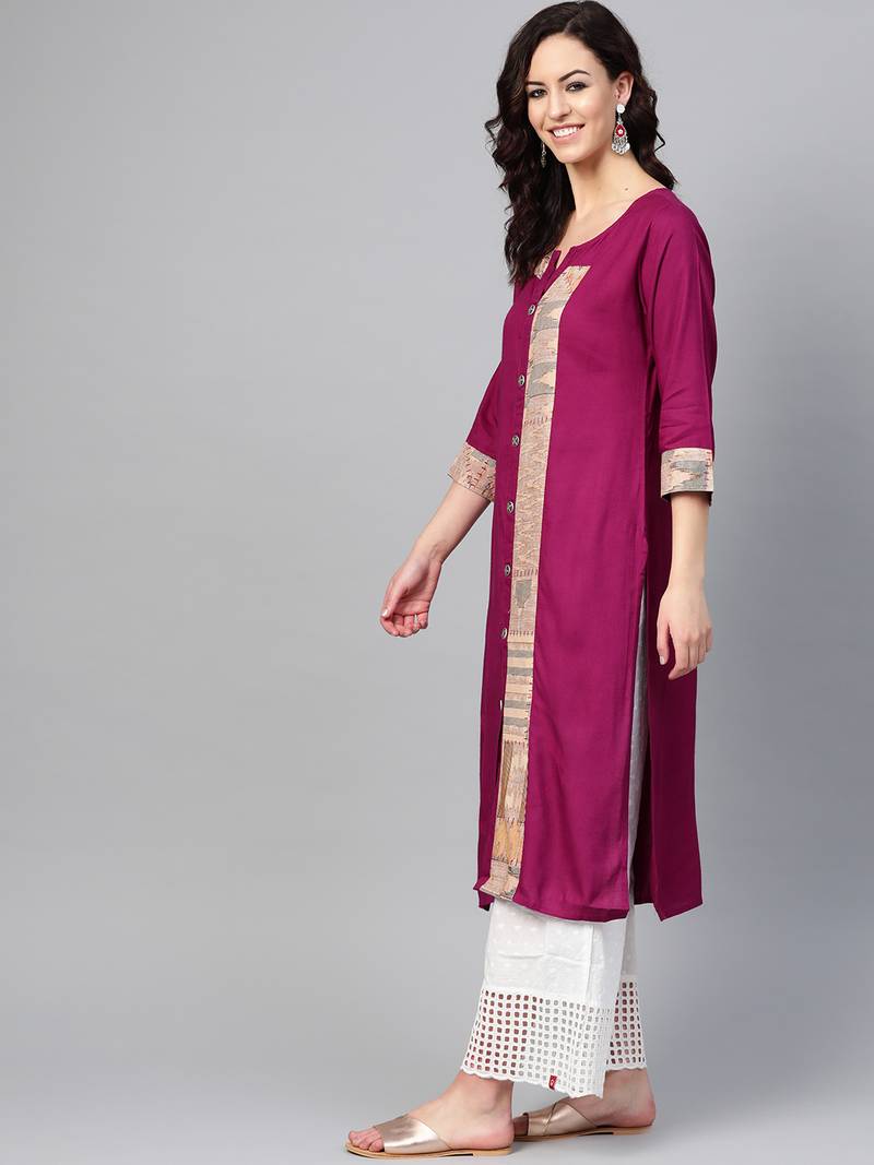 Women Purple Straight Rayon Print Mandarin Collar Long Kurta