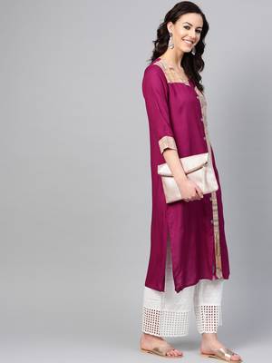 Women Purple Straight Rayon Print Mandarin Collar Long Kurta 4