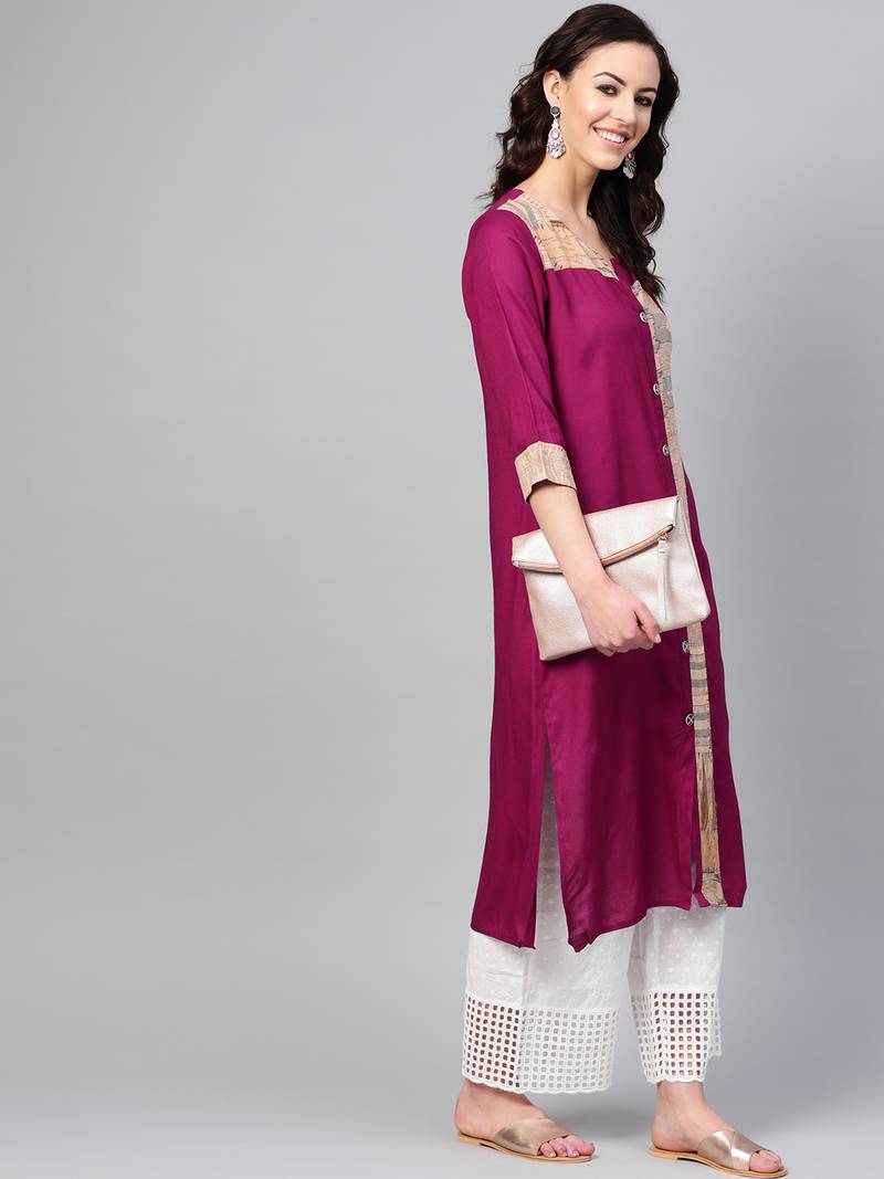 Women Purple Straight Rayon Print Mandarin Collar Long Kurta