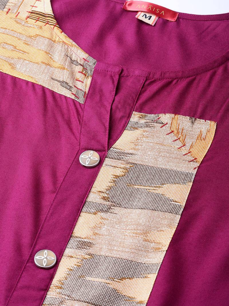 Women Purple Straight Rayon Print Mandarin Collar Long Kurta