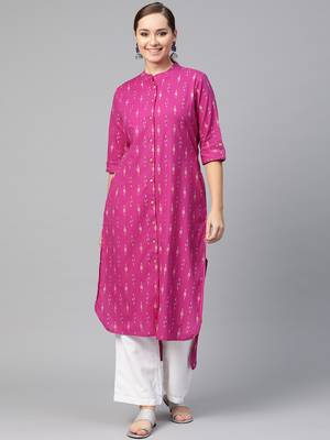 Women Purple Straight Rayon Print Mandarin Collar Long Kurta 1