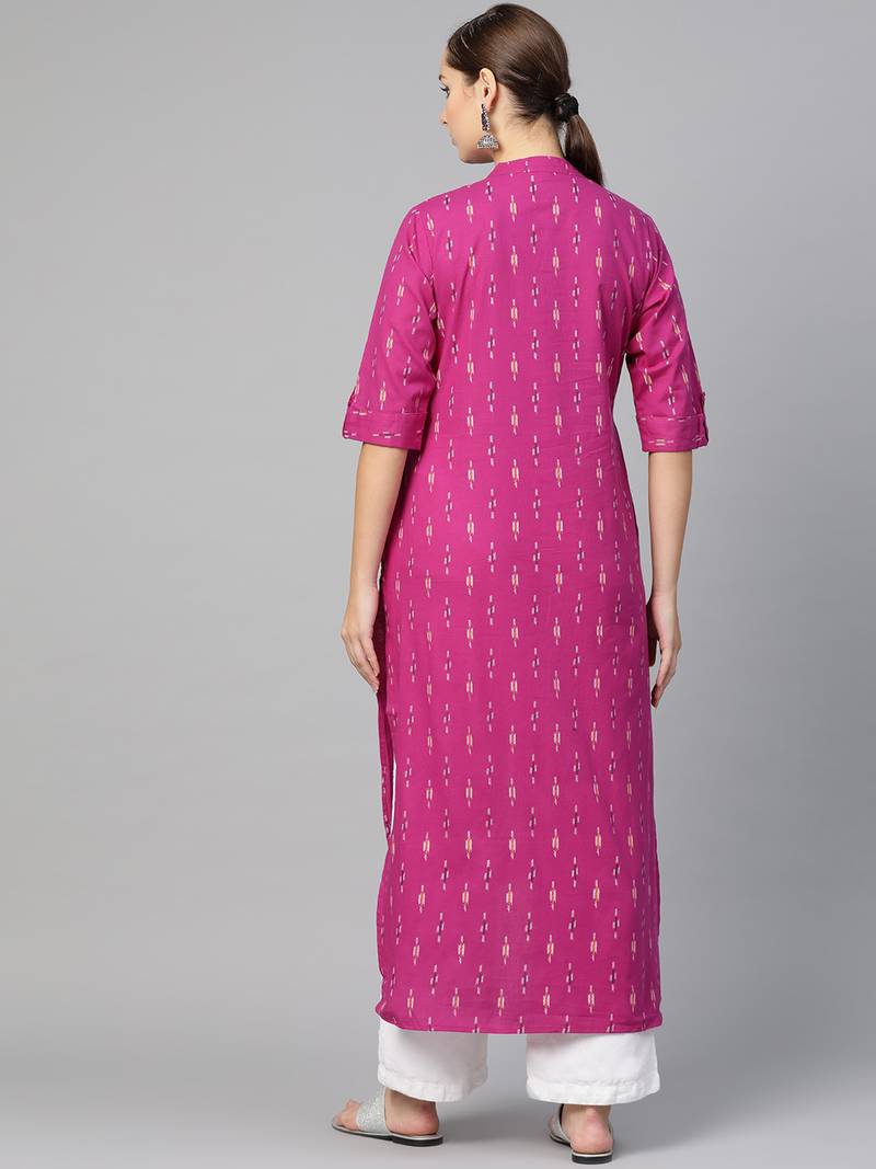 Women Purple Straight Rayon Print Mandarin Collar Long Kurta