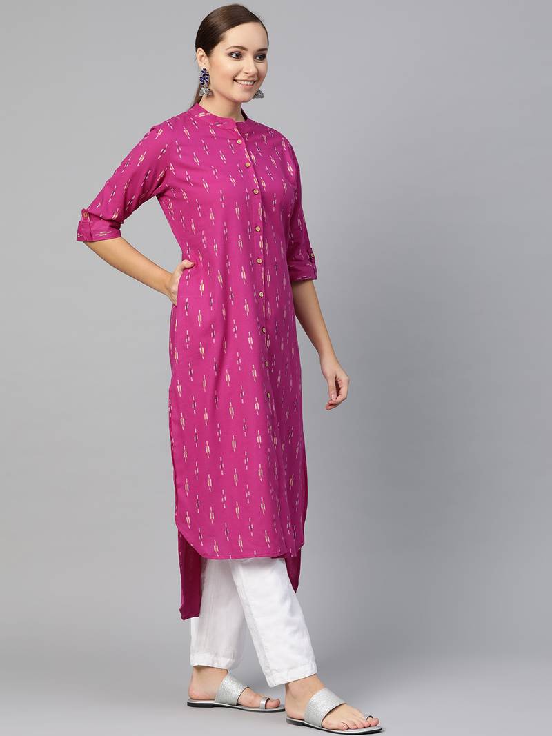 Women Purple Straight Rayon Print Mandarin Collar Long Kurta