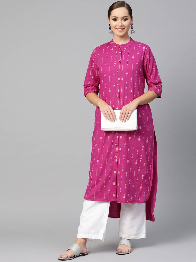 Women Purple Straight Rayon Print Mandarin Collar Long Kurta