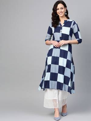Women Blue Straight Cotton Print Mandarin Collar Long Kurta 1