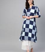 Women Blue Straight Cotton Print Mandarin Collar Long Kurta