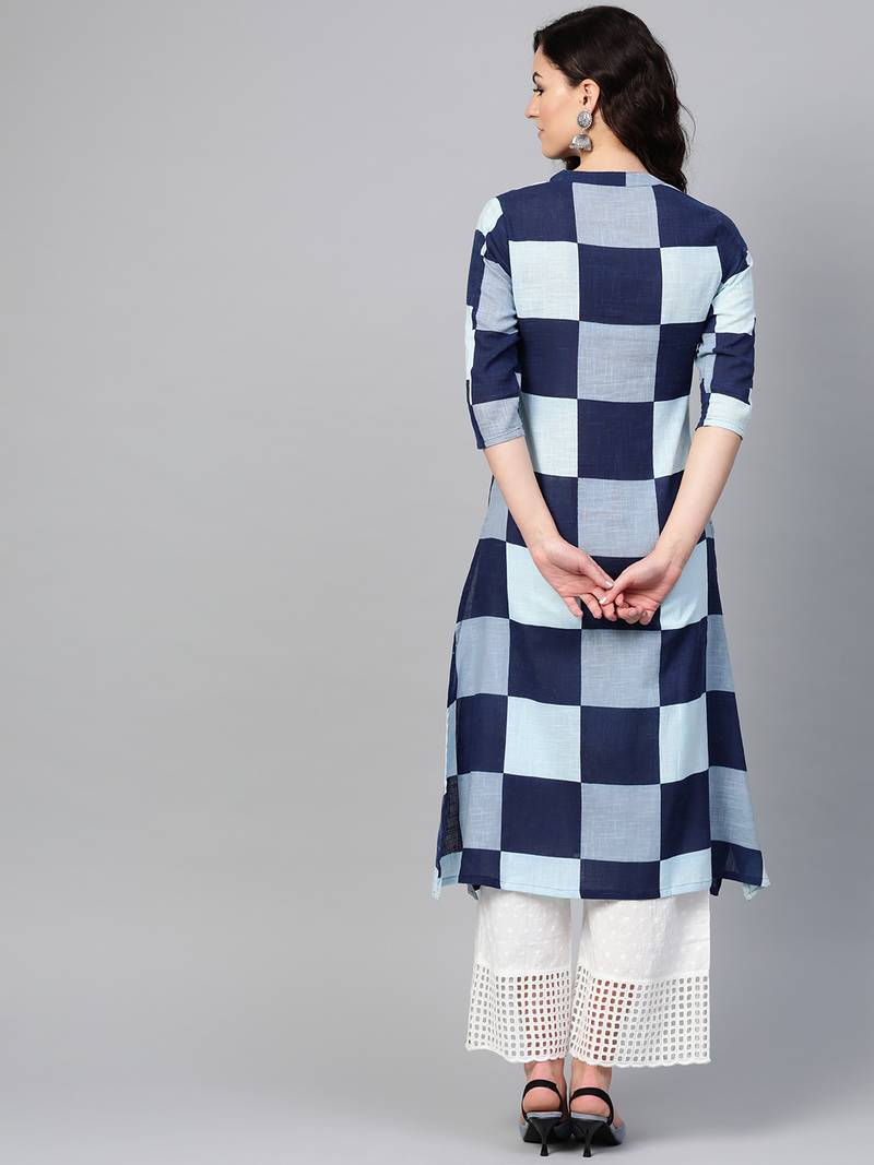 Women Blue Straight Cotton Print Mandarin Collar Long Kurta