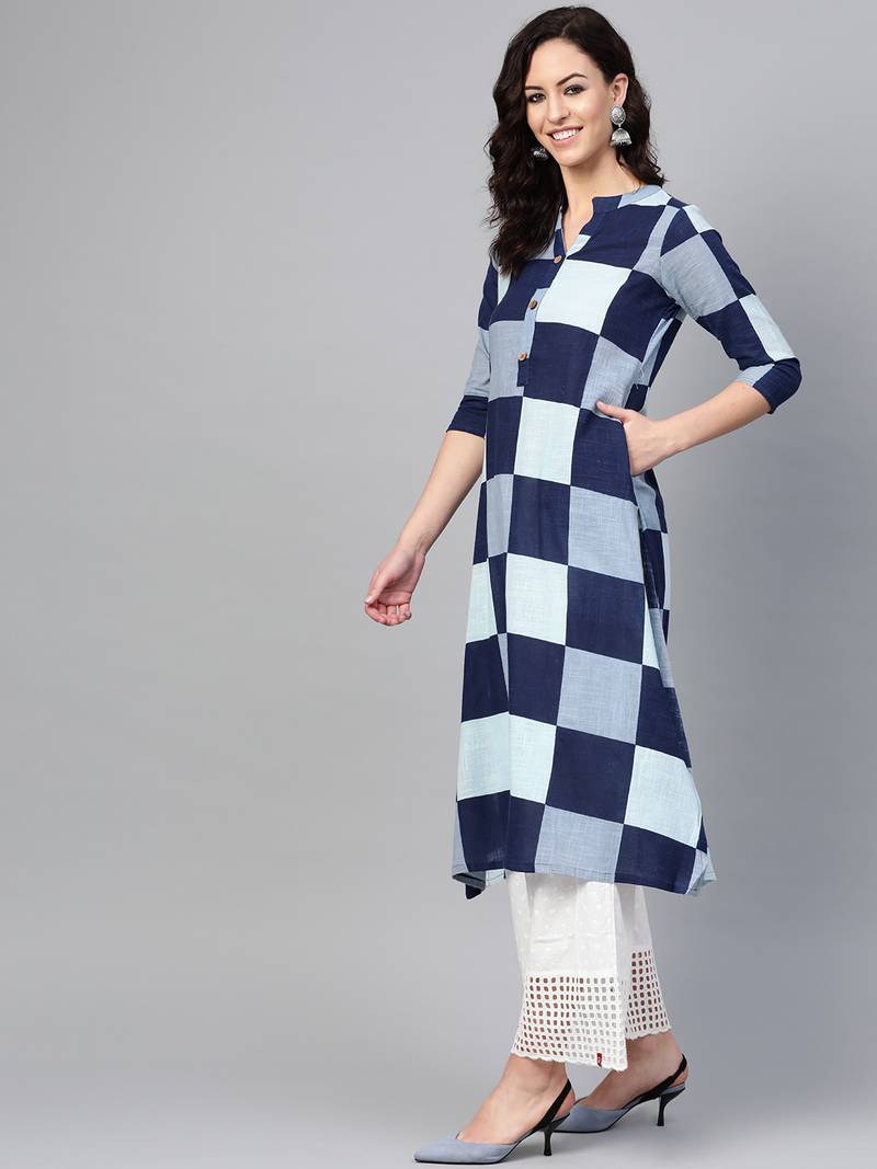Women Blue Straight Cotton Print Mandarin Collar Long Kurta